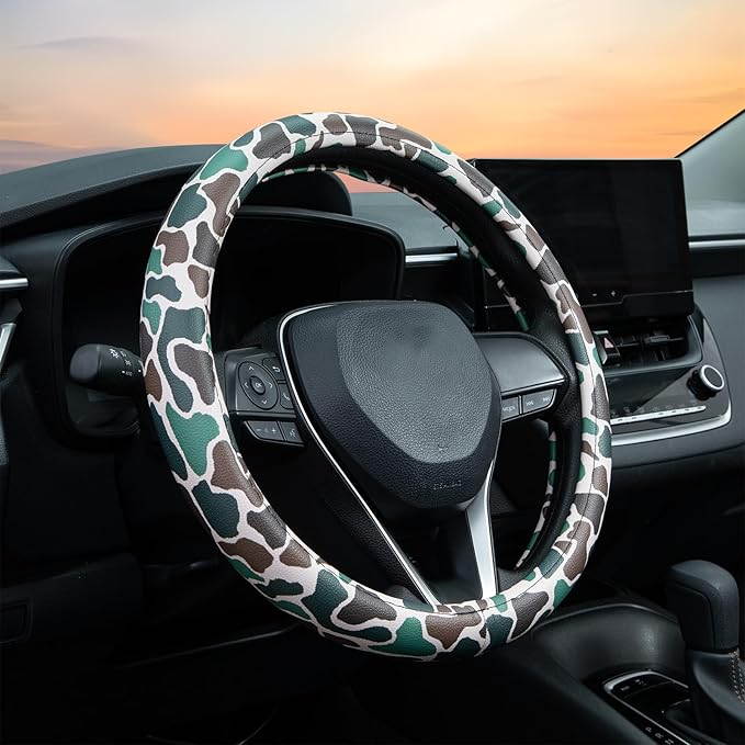 Army Dark Camo Steering Wheel Cover Auto Leather Steering Wheel Protector, Anti-Slip, Breathable, Absorbing Sweat, Universal Camo Car Accessories 14.5–15 inch,Fit for Most Car, Trucks, SUV