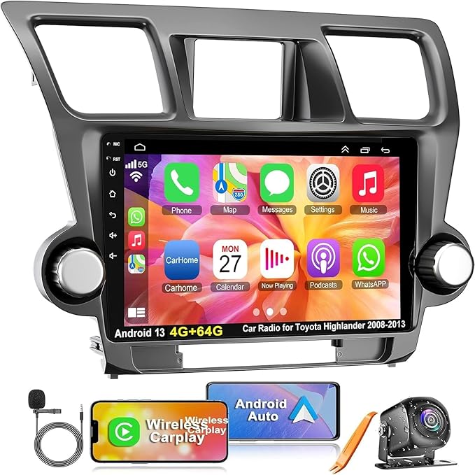 4G+64G Car Radio Stereo for Toyota Highlander 2008-2013, Wireless Carplay&Android Auto with Android 12 Support Bluetooth/Voice Control/GPS/WiFi/Back-up Camera/SWC/FM, 10.2 Inch IPS Touch Screen