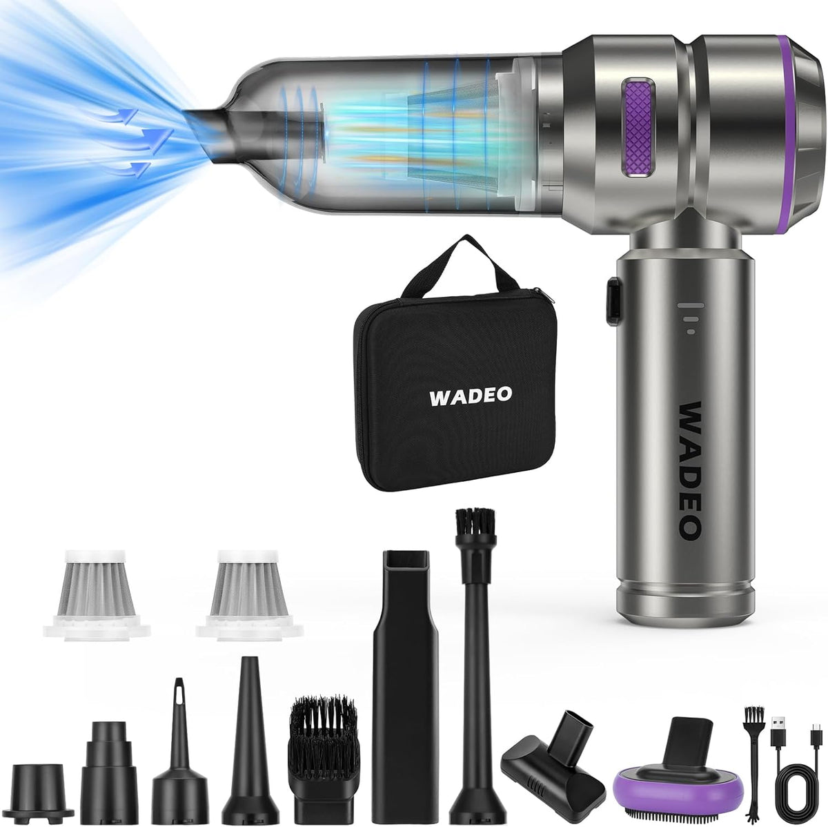 WADEO Handheld Vacuum Cordless, 4-in-1 21000PA Brushless Car Vacuum & 210000RPM Air Duster 7500mAh Battery Air Blower Wireless Handheld Vacuum for Car, Office and Home Cleaning