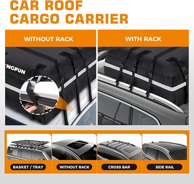 Kingfun Car Rooftop Cargo Carrier – Waterproof 20 Cubic Feet Car Roof Bag Fit All Vehicles with/Without Roof Racks, Includes Anti-Slip Mat, 8 Reinforced Straps & 6 Door Hooks, Luggage Locks（Black）