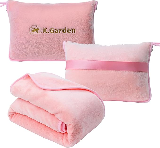 K.Garden Travel Cooling Blanket and Pillow- Soft 2 in 1 Airplane Compact Flight Essentials Car Pillow Travelers Gifts Accessories Compact Pack Blanket for Any Travel with Luggage Backpack Strap,Pink