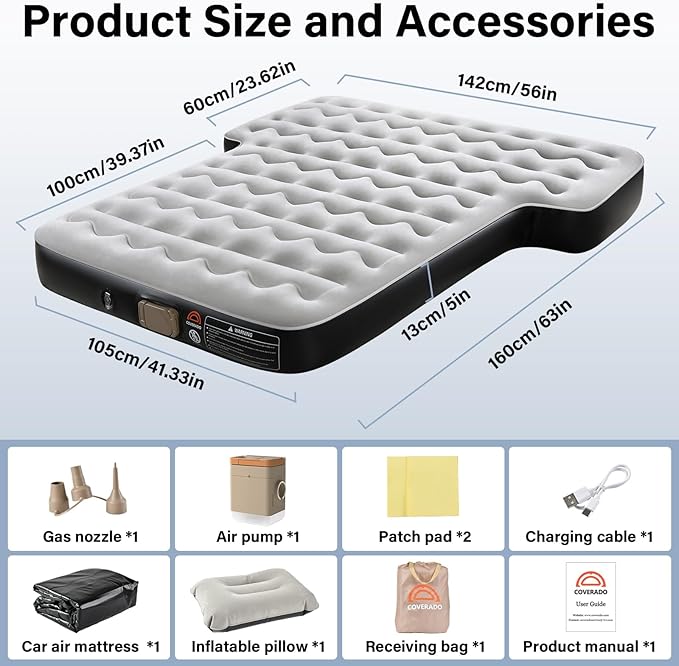 Coverado SUV Air Mattress, Thickened Flocked-Top Car Air Mattress with Wireless Built-in Pump, Pillows, Patch Kit & Carry Bag, Quick&Easy Set Up, SUV Mattress Camping Bed Universal fit for Most Cars