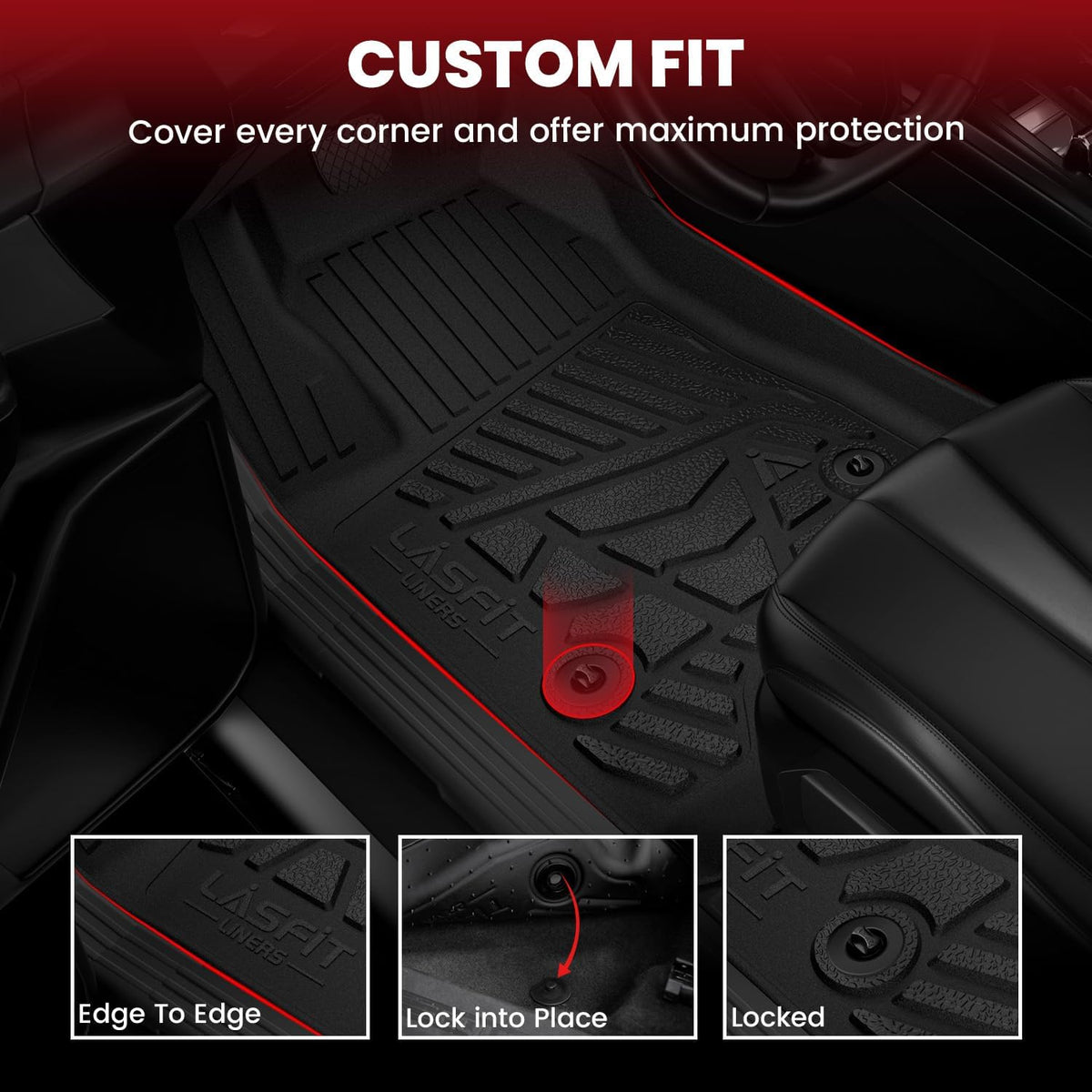 LASFIT Floor Mats for Ford Ranger 2025 2024 SuperCrew Cab All Weather Truck Protector TPE Carpeted Floor Liners, Front and Rear Row, 3pc Black