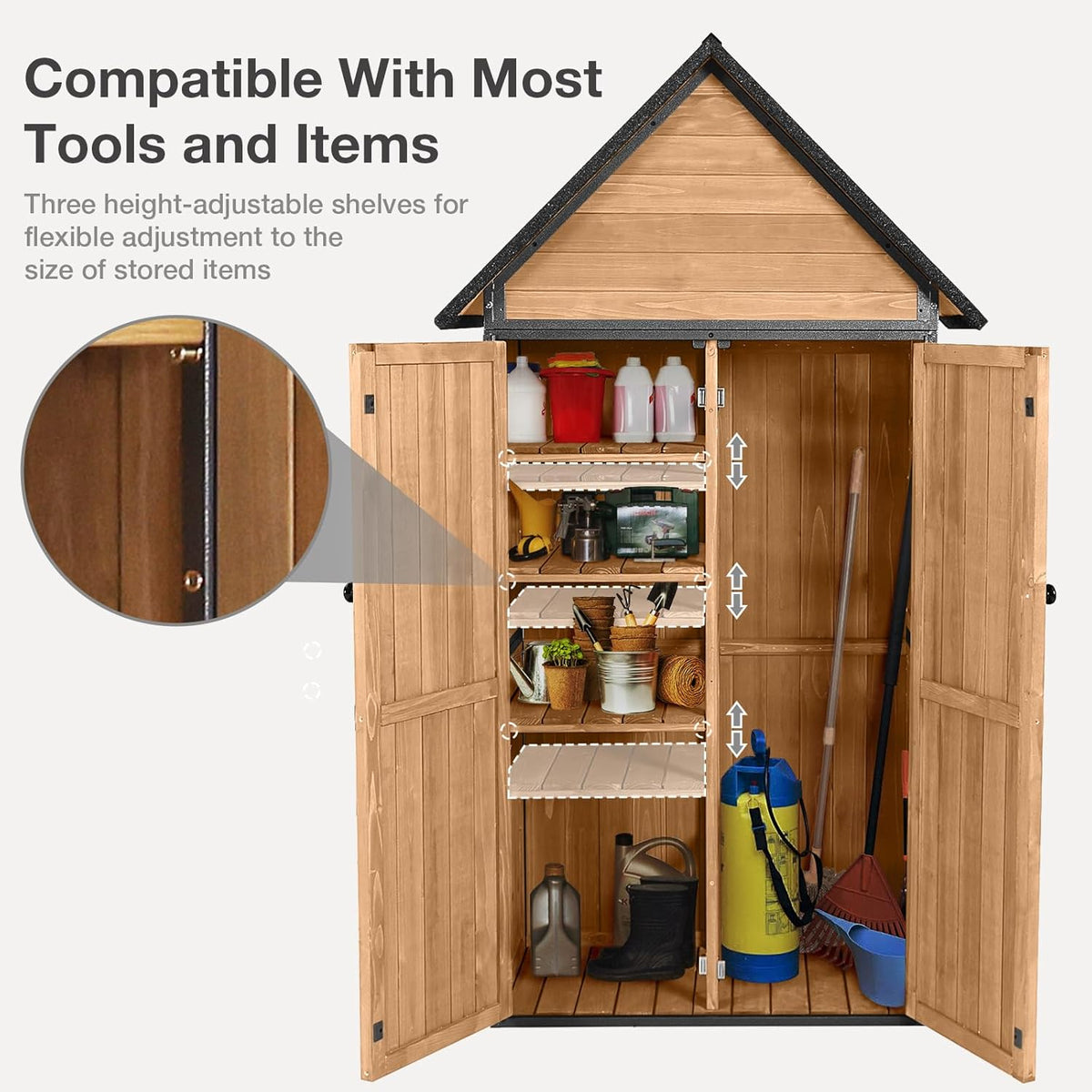 Outdoor Storage Shed with Floor and Waterproof Roof - Metal Framed Tool Cabinet with Adjustable Shelves - Double Lockable Doors for Backyard, Garden, Patio (Brown)