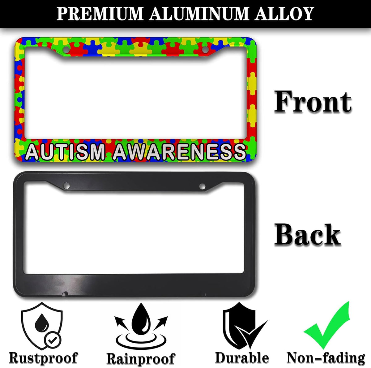 Custom License Plate Frame Multicolor License Plate Frames Autism Awareness Puzzle Universal Aluminum Car Accessory 2 Pack with Screw Covers Set