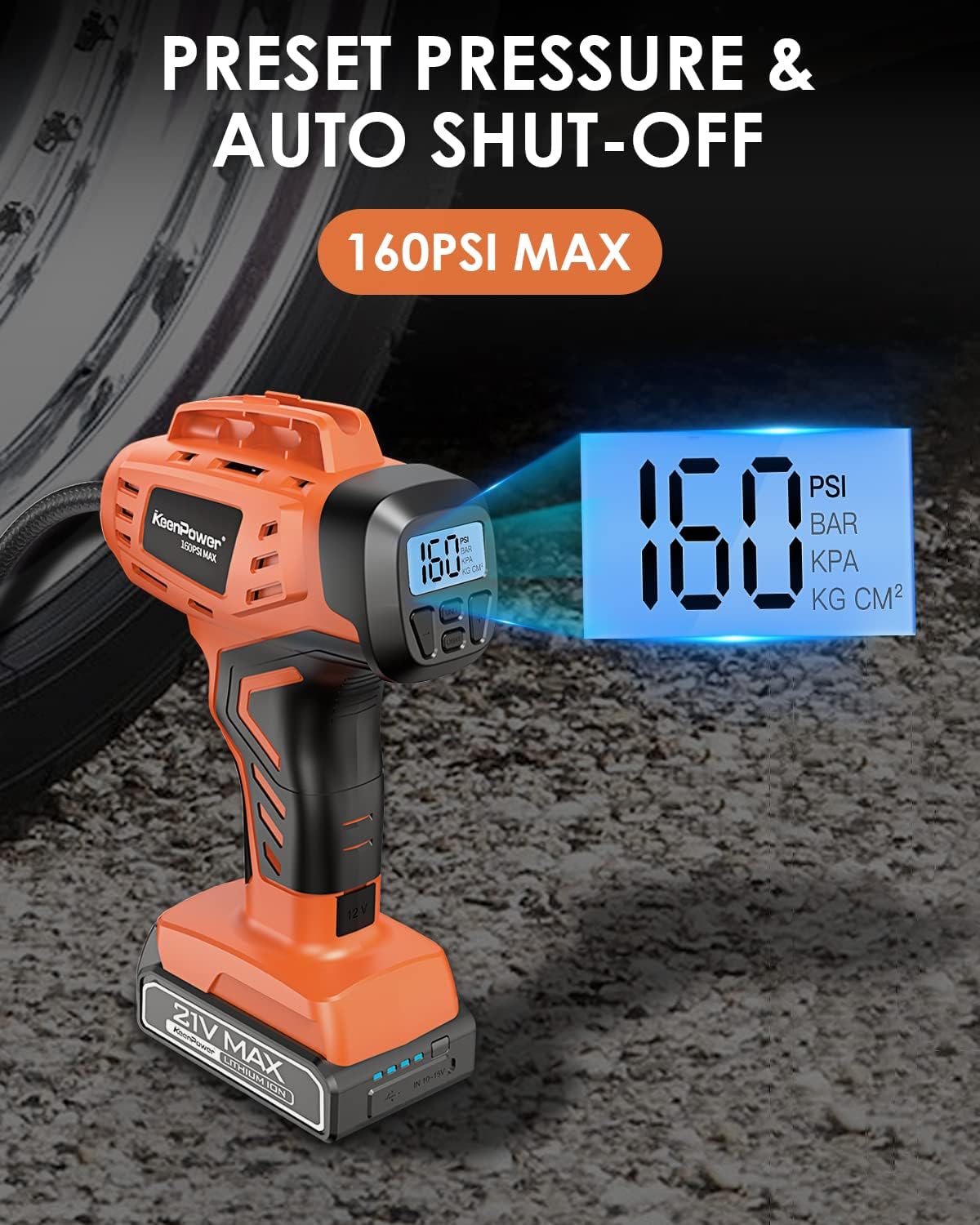 Tire Inflator Air Compressor, 21V Cordless Car Tire Pump with Rechargeable Li-ion Battery, 12V Car Power Adapter, Digital Pressure Gauge, Suitable for Cars E-bikes Balls Motorcycles