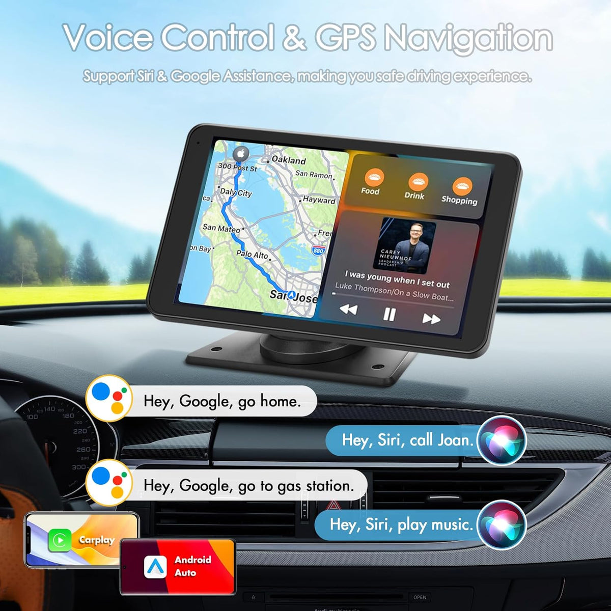 Portable Wireless Carplay Car Stereo, 7" HD Touchscreen for Car with Apple CarPlay & Android Auto with Backup Camera/Mirror Link/Voice Control/Bluetooth/GPS/AUX/FM Satellite Radio for All Vehicles