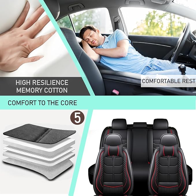 Leather Car Seat Covers Fit for Toyota Camry Solara 2004-2008, 5 Seater Car Seat Cover, Premium Waterproof, Scratch Resistant Car Interior Accessories (Full Set with Pillow Black Red)