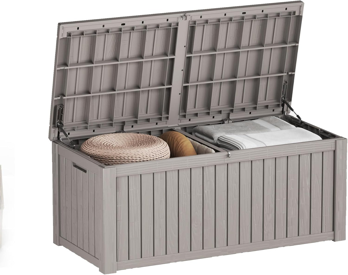 150 Gallon Resin Deck Box, Waterproof Outdoor Storage Bin for Patio Furniture, Pool Accessories, and Garden Tools, Lockable & UV-Resistant, Grey