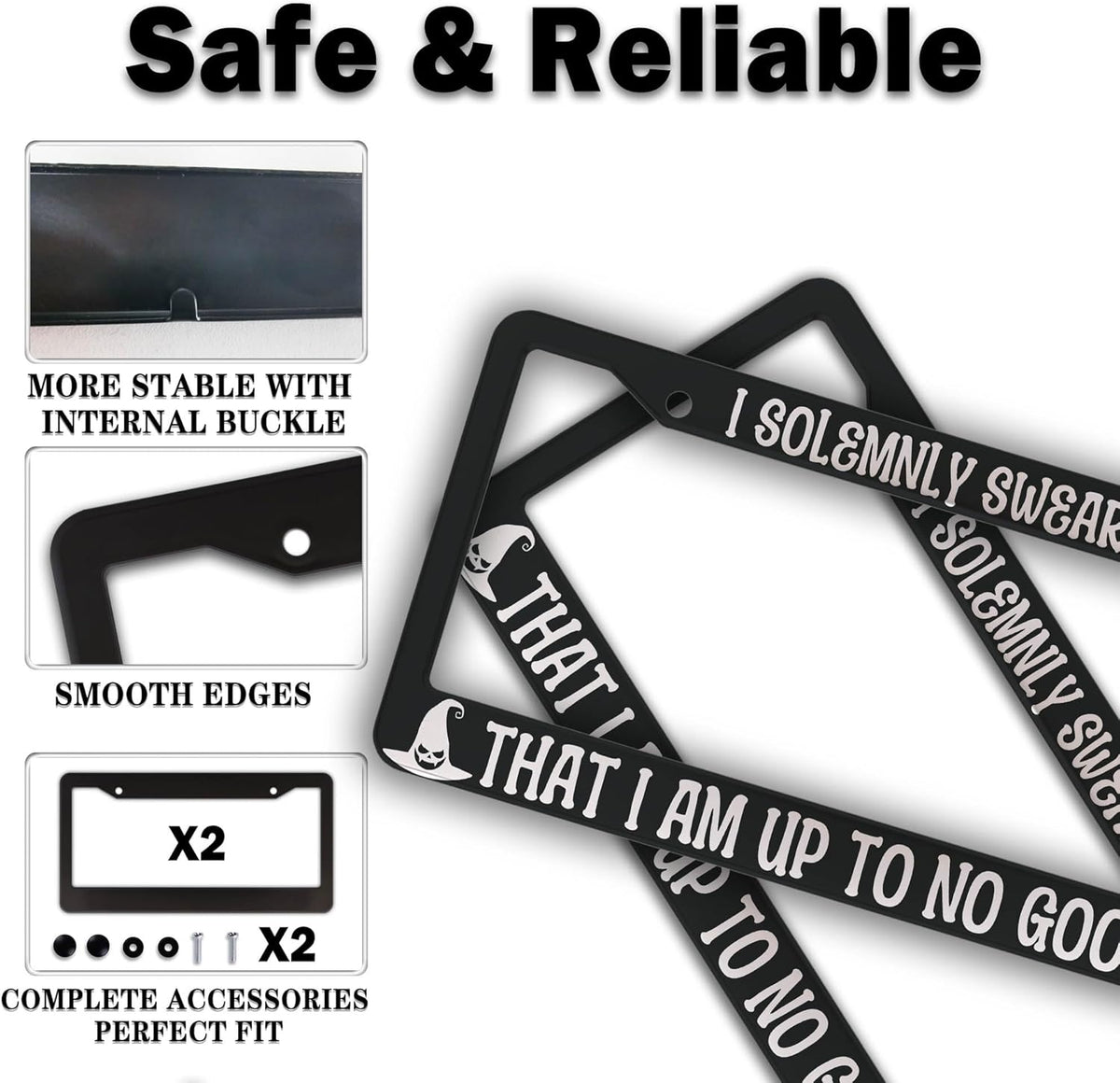 License Plate Holder Black and White License Plate Frames I Solemnly Swear That I Am Up to No Good Universal Aluminum Car Accessory 2 Pack with Screw Covers Set
