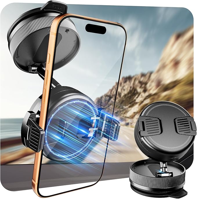 2026 Upgraded 360° Vacuum Magnetic Car Phone Holder for Magsafe [120+LBS Strongest Suction & 3000gf Strongest Magnetic], Adjustable Car Phone Mount for Your Car/Gym/Mirror for iPhone & Android, Pro