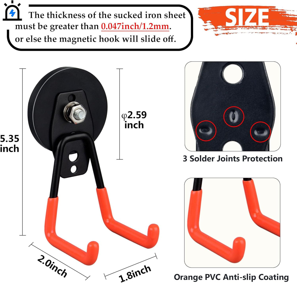 ULIBERMAGNET Heavy Duty Large Garage Magnet Hooks, 3 Pack Strong Storage Utility Magnetic Hooks with Anti-Slip Coating for Pegboard,Garage Shelve Hanging (Orange)