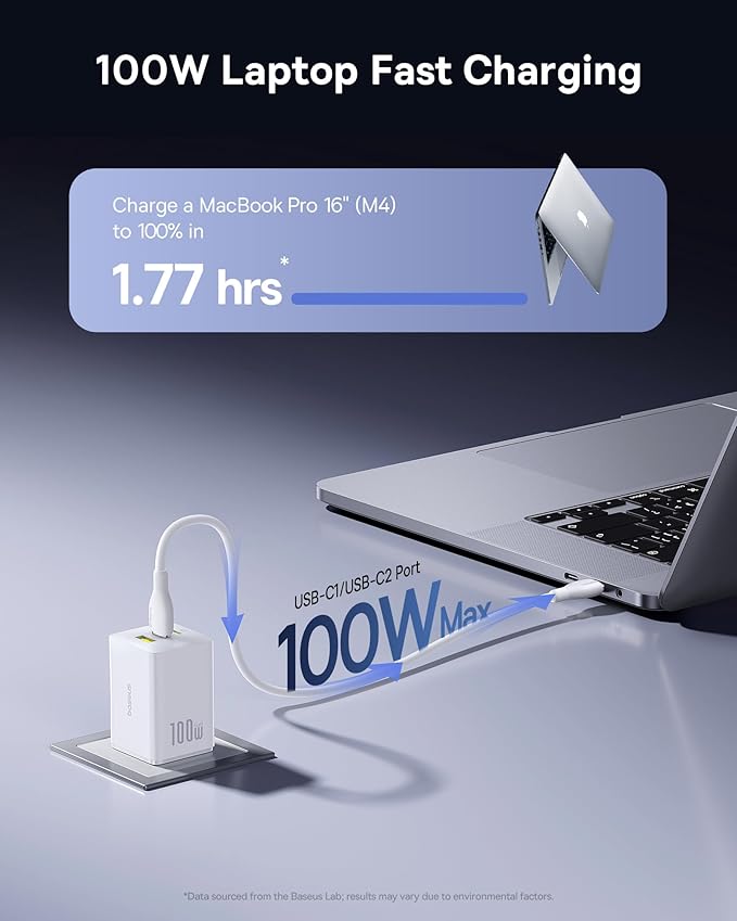 Baseus 100W USB C Charger Block, 3-Port Foldable Compact PPS Wall Charger, Fast Charging Power Adapter for MacBook Pro/Air, iPad, iPhone 17/16, Galaxy S24, Steam Deck & More (White)