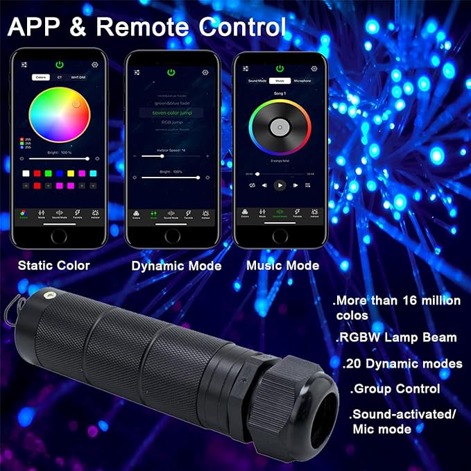 AZIMOM Car Use 6W RGBW 150pcs 0.03in 6.5ft Fiber Optic Lights Starlight Ceiling Light Kit End Glow Optic Cable Music Mode APP Remote Sensory Lighting Indoor Home Headliner Decoration