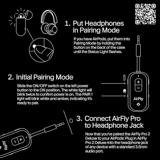 AirFly Pro 2 Deluxe – Bluetooth Adapter for Airplane, Pair 2 AirPods or Wireless Headphones – 3.5mm AUX Bluetooth Transmitter/Receiver for Cars, Boats, Treadmills, TVs – Airplane Travel Essentials