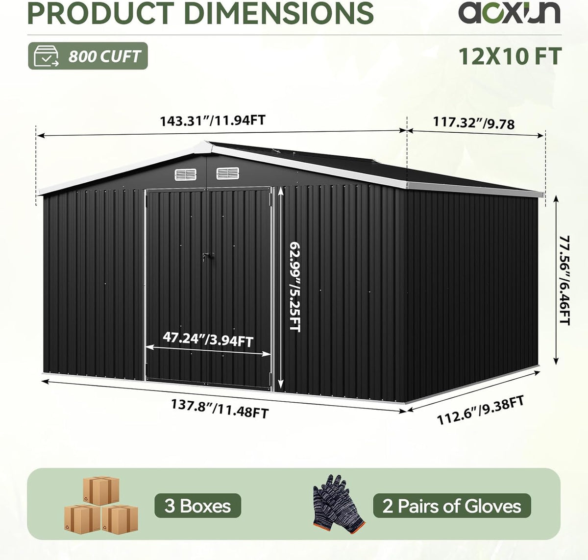 Aoxun 12x10 FT Shed Metal Outdoor Waterproof Storage Shed Steel Utility Garden Tool Shed with Door & Lock Outdoor Storage for Garden Patio Lawn Poolside, Black