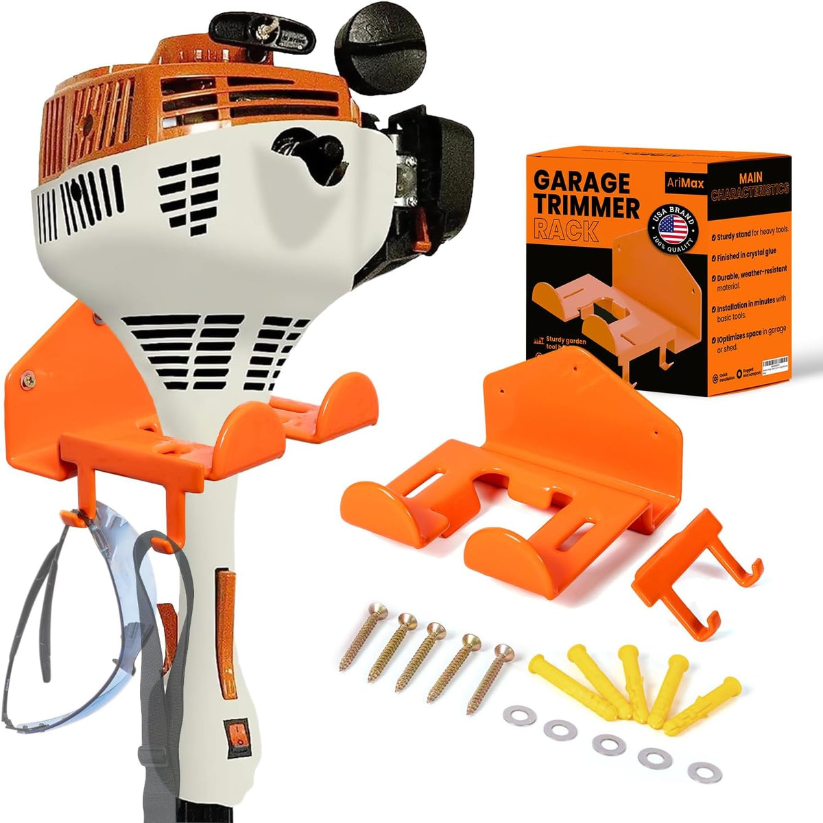 Weed Eater Hanger with Extra Hook for Harness Strap & Accessories, Heavy Duty Trimmer Rack, Wall Mount Garage Storage & Shed Organizer for Grass Trimmer, Hedge Trimmer, Leaf Blower,Multi-Purpose-1Pack