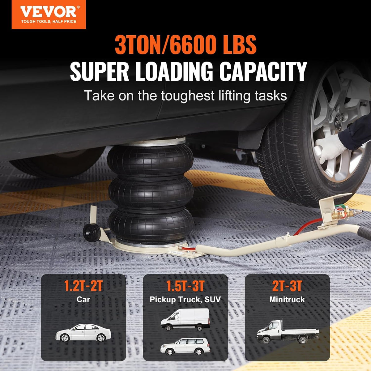 VEVOR Air Jack, 3T / 6600 lbs Triple Bag Air Jack, Airbag Jack with Six Steel Pipes, Lift up to 17.7 inch/450 mm, 3-5 s Fast Lifting Pneumatic Jack, with Long Handles for Car, Garage, Repair