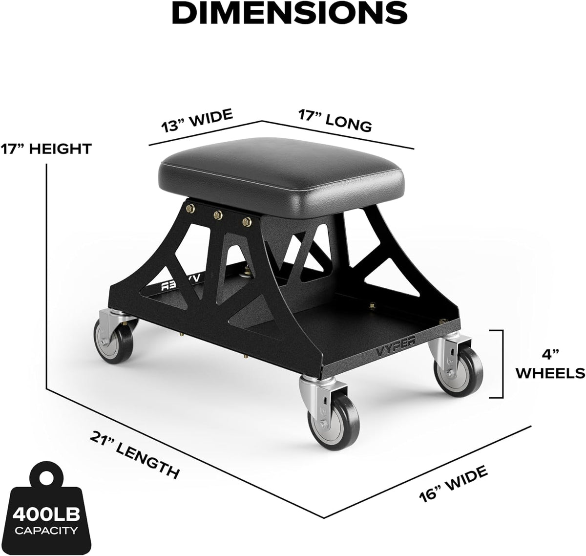 Vyper Low Pro Garage Stool with Removable Seat for Mechanics, Automotive, DIY - 400 lb Capacity Rolling Shop Chair (Black Seat, Black Frame)