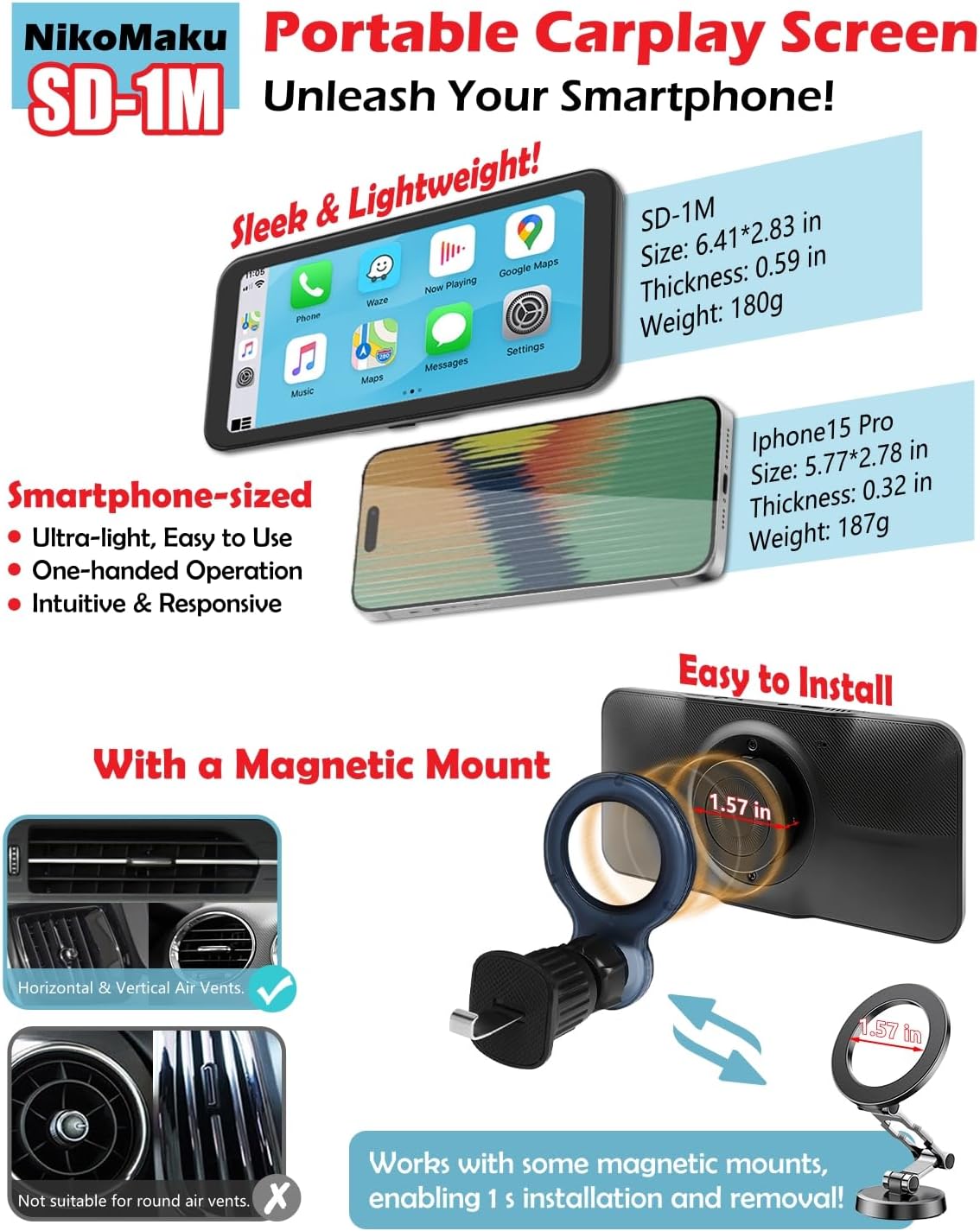 NikoMaku Wireless Carplay Screen, Portable Android Auto Car Stereo with Easy Setup Magnetic Mount, Compact Carplay Screen for Vehicle, Airplay, Mirror Link, Map Navigation, SD-1M (6.25 in)