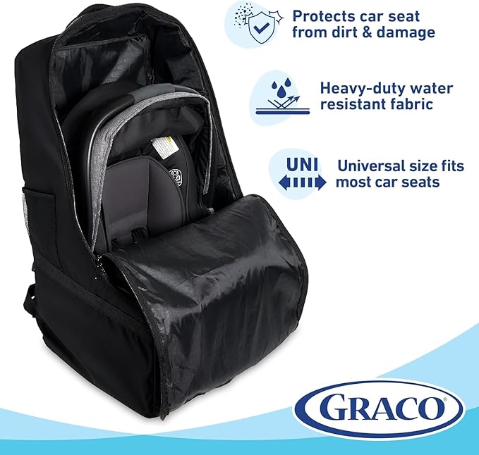 Graco Padded Car Seat Travel Bag & Infant Carrier Backpack, Durable Large Back Pack for Carseats & Booster Seats, Airport Gate Check Bag Luggage, Double Padded Strap, Water Resistant Material, Black