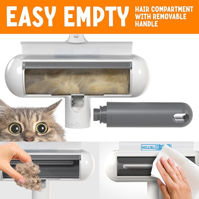 Triton Travel Pet Hair Removal Tool w/Fur Trapping Compartment and Detachable Handle, 60% Smaller Storage Size, Reusable Shedding Roller, Cat and Dog Hair Remover for Furniture, Couch (Gray/White)
