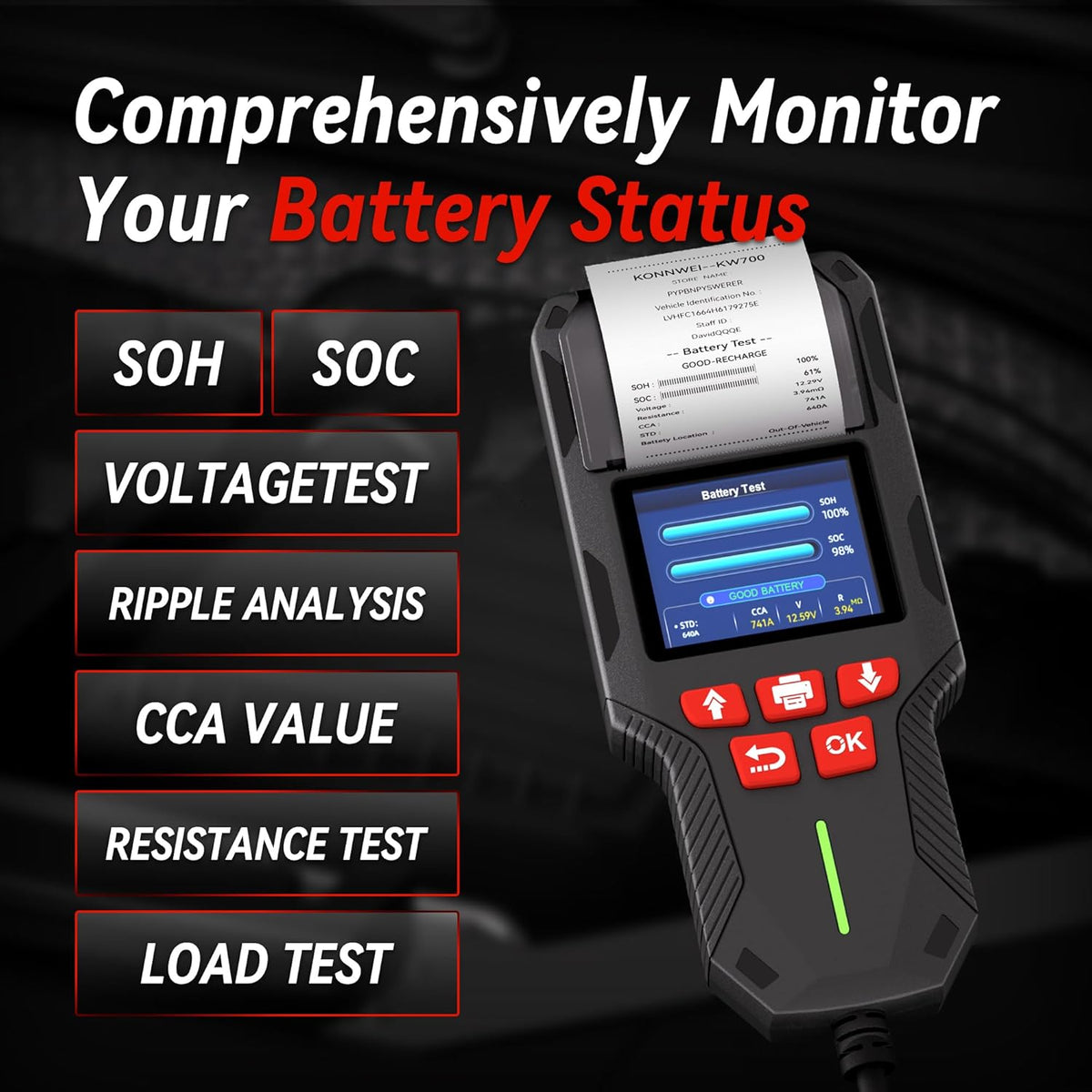 KONNWEI Car Battery Tester with Printer, Automotive 12V 24V Battery Load Tester Cranking and Charging Test 10-2000CCA Battery Analyzer Alternator Tester for Car Truck Motorcycle (Paper Included)