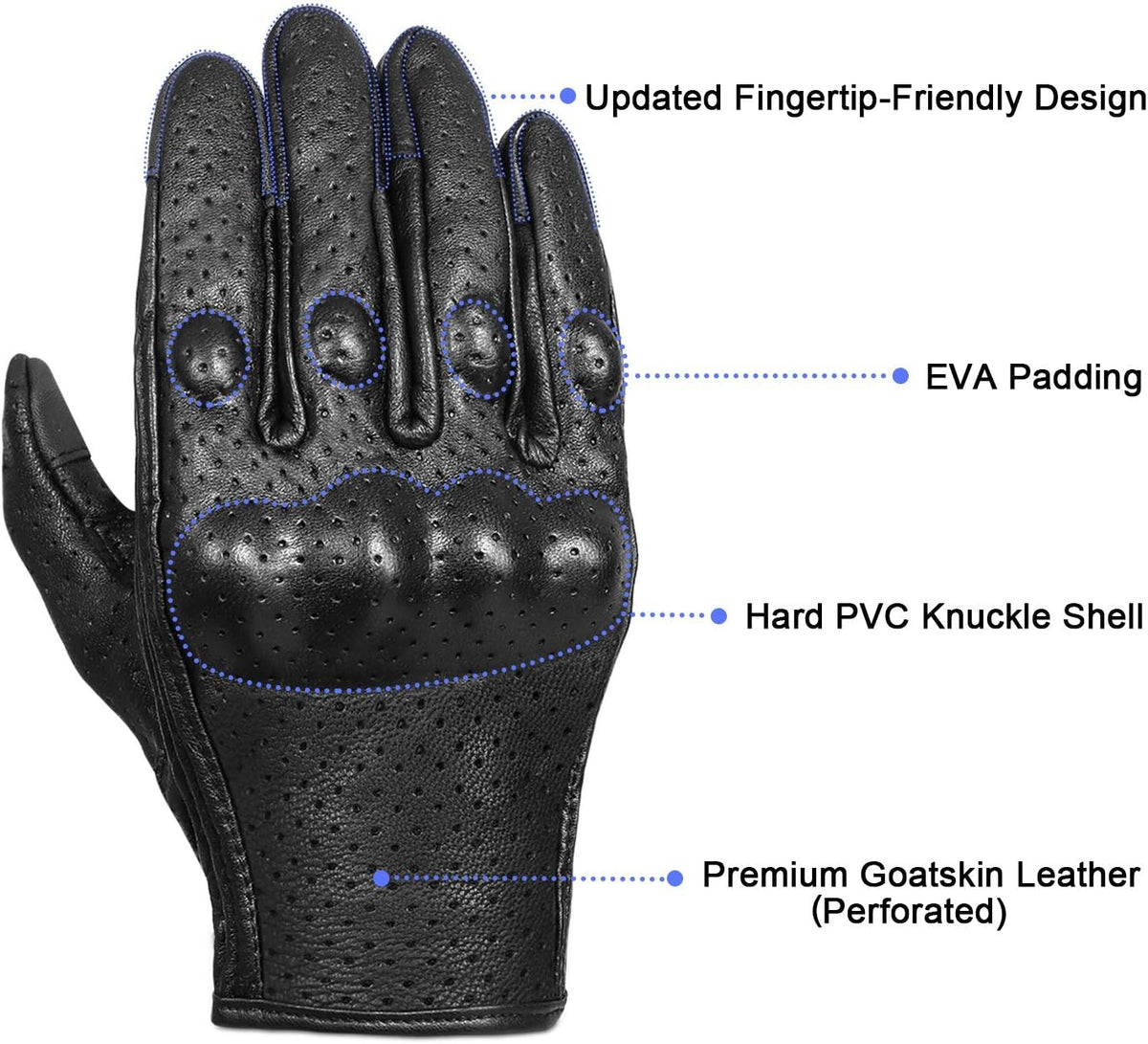 Full finger Goat Skin Leather Touch Screen Motorcycle Gloves Men/Women S,M,L,XL,XXL (Perforated, XL)