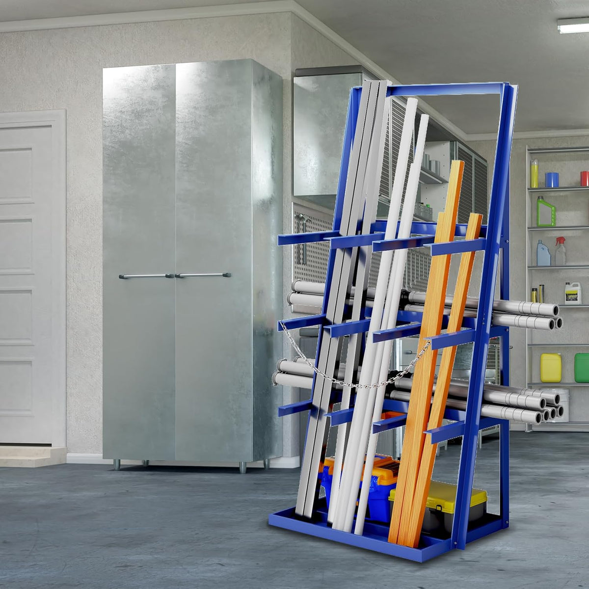Vertical Bar Rack, 3000 LB Capacity, Steel Bays Long Parts Storage Rack, Lumber and Metal Garage Organizer, Heavy Duty Pipe Organizer Shelf With Chain for Garage Basement Pantry