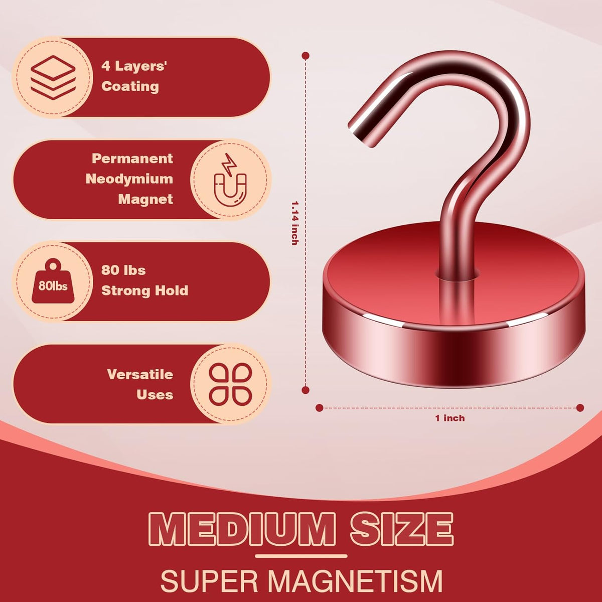 Neosmuk Magnetic Hooks, Cruise Ship Essentials, 80lb+ Heavy Duty Magnetic Hooks for Cruise Cabins, Refrigerator, Grill, Hanging, and Travel | Extra Strong Must-Haves Magnet Hook,Red