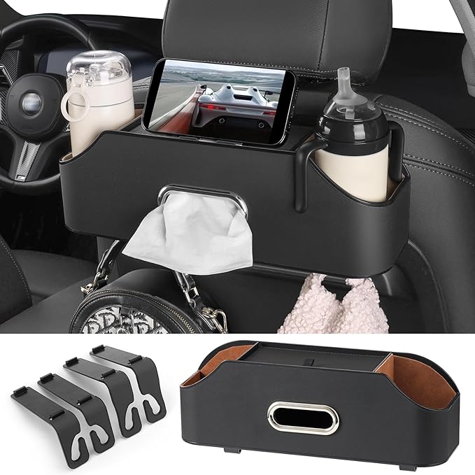 Car Rear Backseat Extra Multifunctional Drink Cup Holder Organizers With Tissue Storage Box Organizer & Hooks For Car Seat Back. Black