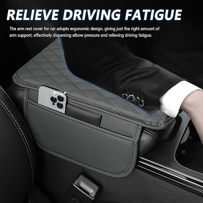 Upgraded Center Console Cover, Microfiber Leather Armrest Cover Cushion With 2 Storage Bags, Universal Car Armrest Storage Box Interior Accessories for Most Vehicles (Gray)