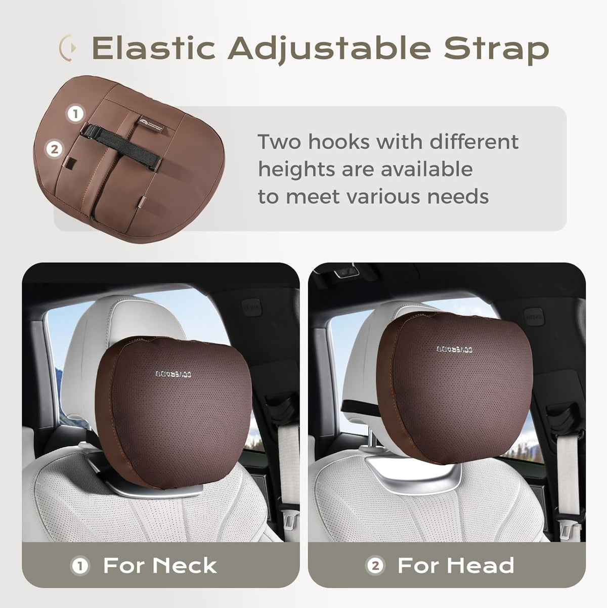 Coverado Leather Car Headrest Pillow Car Neck Pillow with Adjustable Strap, Head Support Rest Driver Relax Head Muscles Relieve Driving Fatigue, Breathable & Removable Cover, Coffee