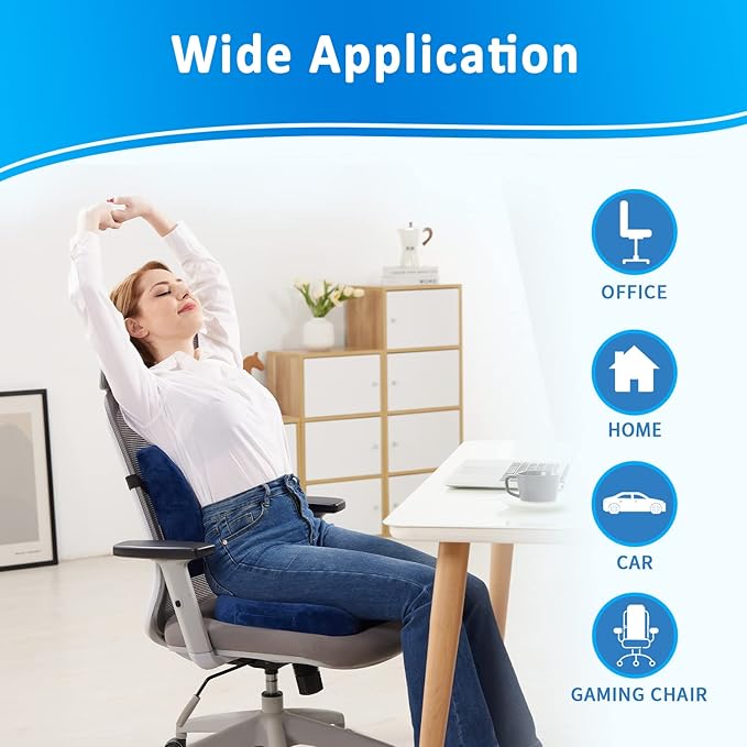 SAIREIDER Chair Cushion and Lumbar Support Pillow for Office Chair, Car Seat Cushions Back Support Pillows, Memory Foam Chair Support for Back&Lumbar, Relieve Tailbone Pain and Sciatica (Blue)