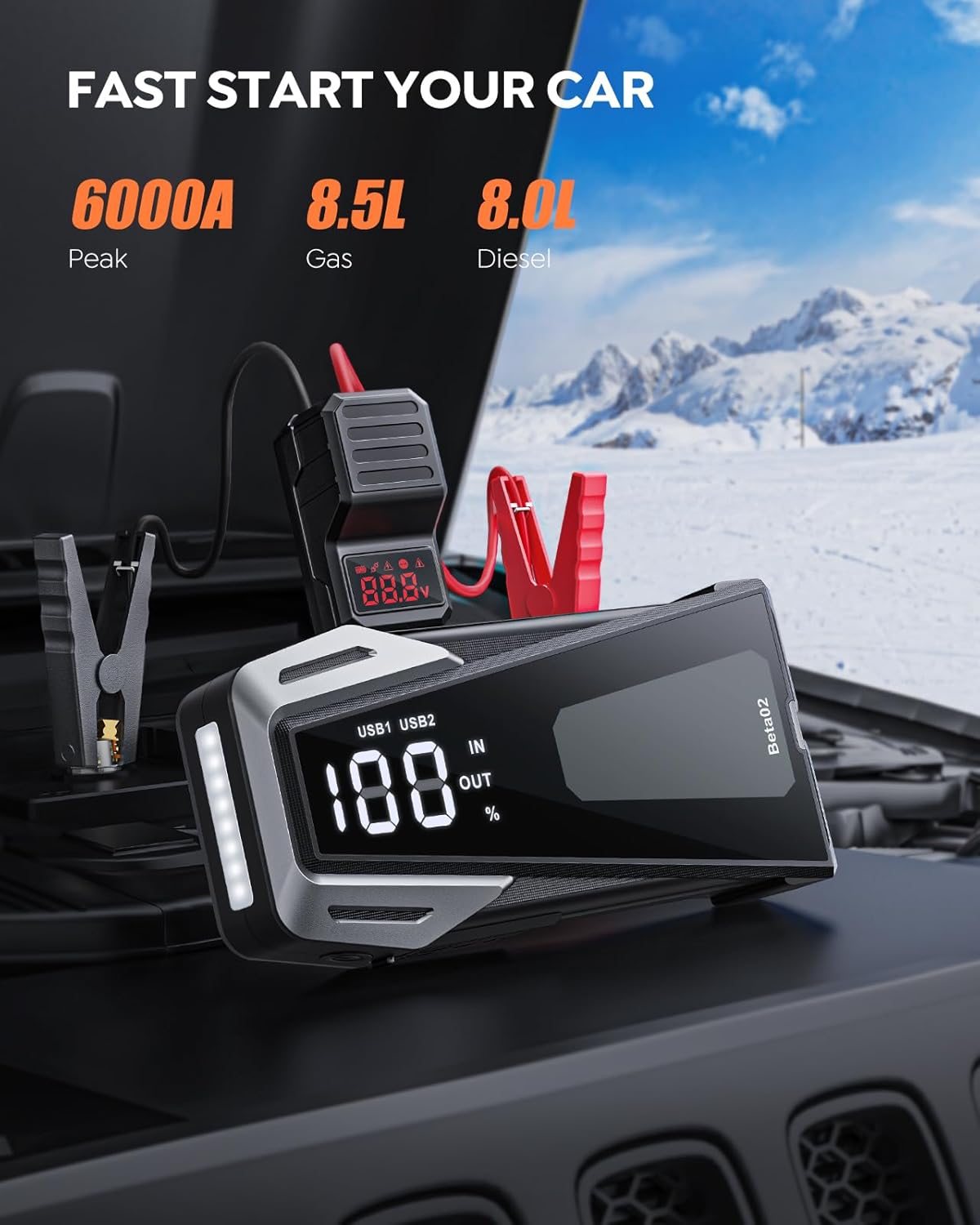 Portable Car Battery Jump Starter 6000A 21800mAh, Car Battery Jumper Starter Portable Jumper Cables for car(8.5L Gas/8.0L Diesel),Jump Box with USB Quick Charge, Lights, Compact