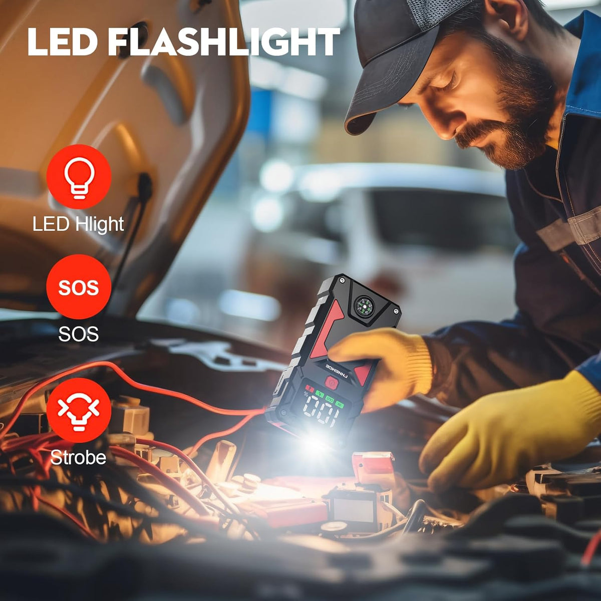 Car Jump Starter, 5000A Peak 24800mAh 12V Car Battery Starter(Up to All Gas, 8.0L Diesel Engine), with with USB Charge Output Port,LED Light,HD Large Screen,12V EC-5 Output.