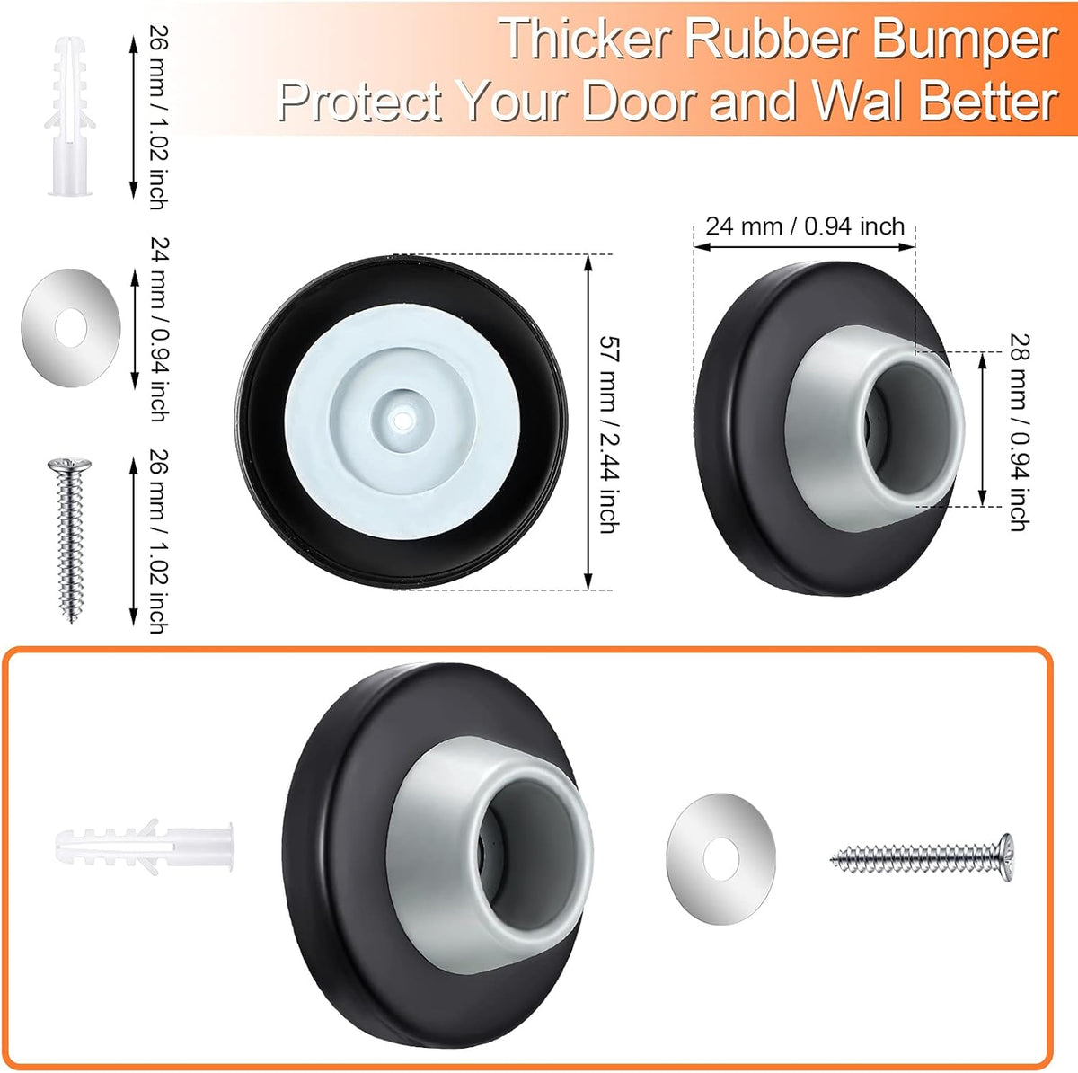 Blulu Concave Wall Door Stopper Door Bumper Stainless Steel Wall Protector Flush Bumper with Grey Rubber Concave Knob Cover Stopper(Black,4 Pieces)