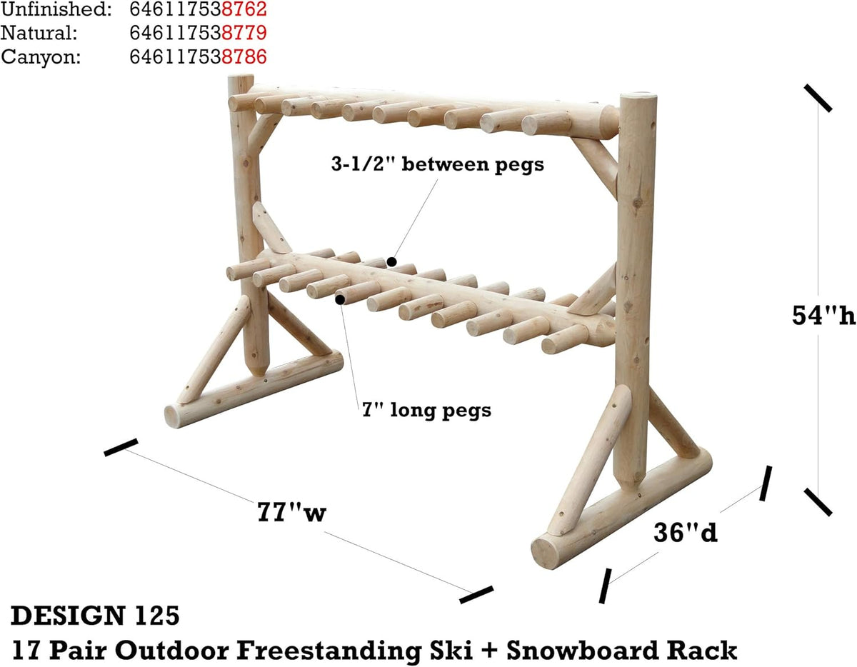 17-Place Freestanding Log Ski Rack Holder, Indoor & Outdoor Snowboard Racks, Standing Storage, Garage Racks for Snow Skis, Durable Snowboard Rack Garage Storage Organizer- Canyon Brown+ 15" Anchor Kit