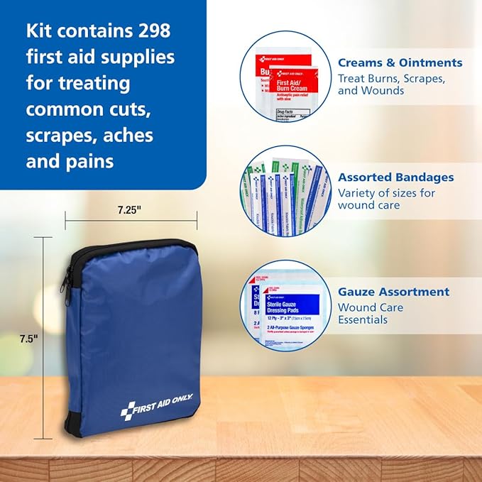 First Aid Only 298 Piece All-Purpose Emergency First Aid Kit for Home, Office, Car, Apartment, Dorm, and Camping, Travel-Friendly Compact Pouch Fits in Backpacks, Suitcases, Cabinets, and Drawers