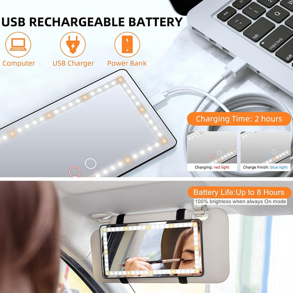 Car Sun Visor Vanity Makeup Mirror, 2 Pcs Rechargeable with 3 Light Modes & 60 LEDs - Dimmable Clip-on Rear View Sun-Shading Cosmetic Mirror, Universal for Car SUV Truck (Black)