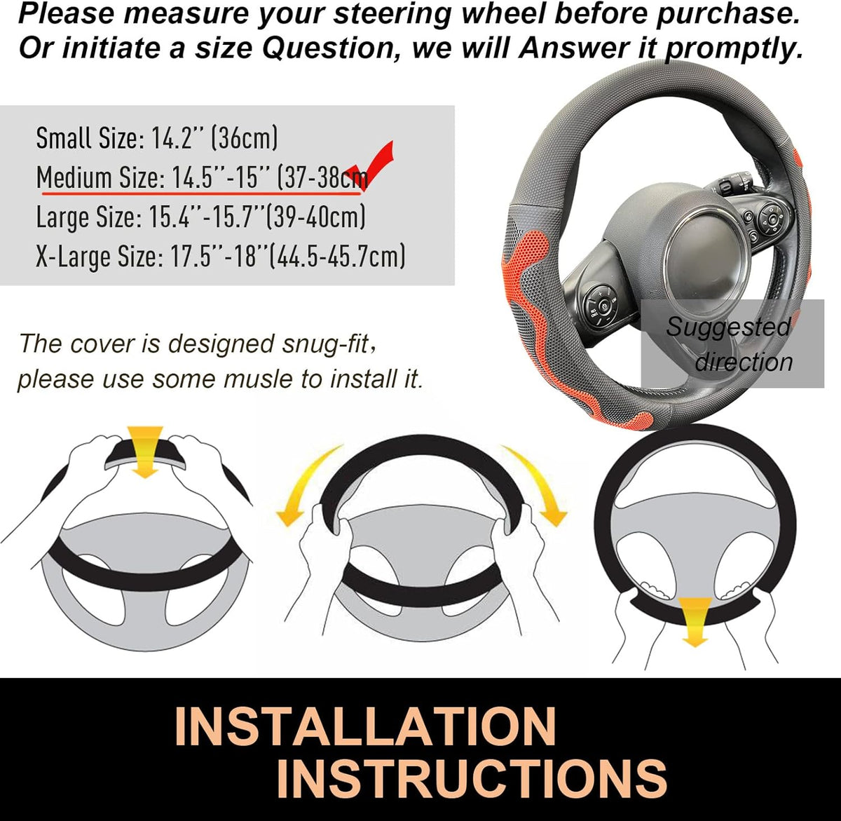 PINCTROT Comfy Grip Steering Wheel Cover, Anti-Slip Design, Universal 14.5-15 Inch(Silicone Orange)