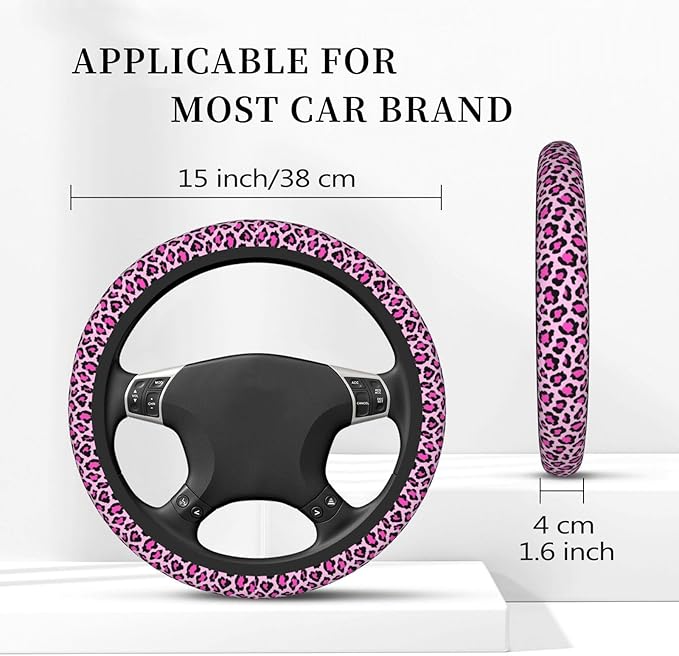 Pink Cheetah Leopard Steering Wheel Cover for Women, Anti-Slip Elastic Breathable Soft Rubber Car Steering Wheel Protective Cover, Universal 15 Inch Fit for Cars, Auto, SUVs