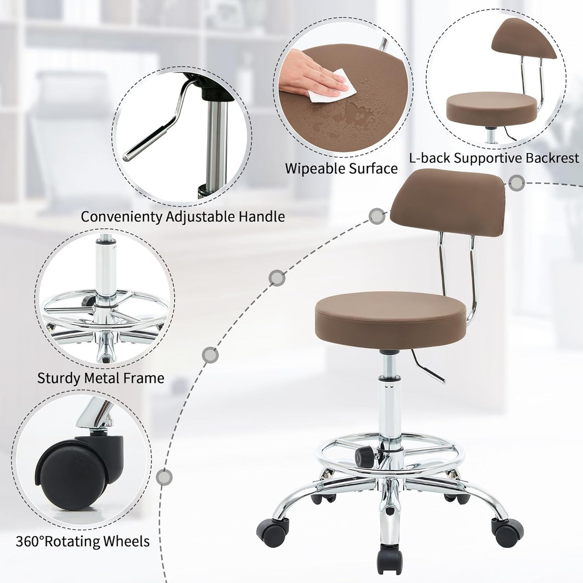 Office Drafting Chair (Rolling Office Stool) (Adjustable Height Footrest Massage Chair 19.56’’-26.6’’) Lab Stool with Back (Coffee Brown)