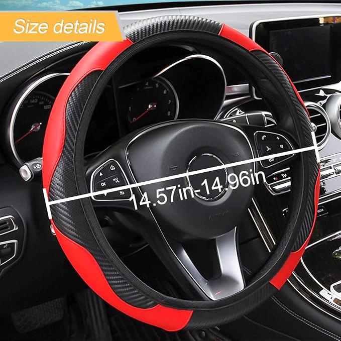 Car Steering Wheel Cover, Microfiber PU Leather Elastic Carbon Fiber Auto Steering Wheel Protector, 15 Inch Breathable Anti-Slip for Women Men, Car Interior Accessories for Most Cars (Black/Red)