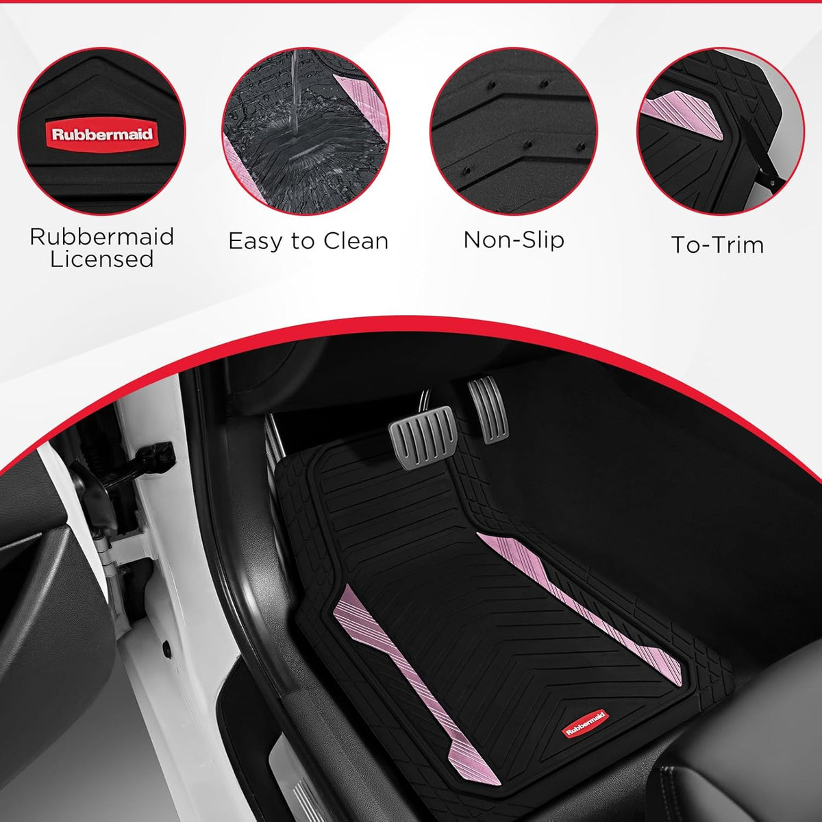 Rubbermaid Car Floor Mat, Heavy Duty All-Weather Car Mats Full Set with Dual-Tone Pink Aluminum Inserts – Universal Fit, Anti-Slip Backing, Trim-to-Fit for Most SUV, Sedan, Van