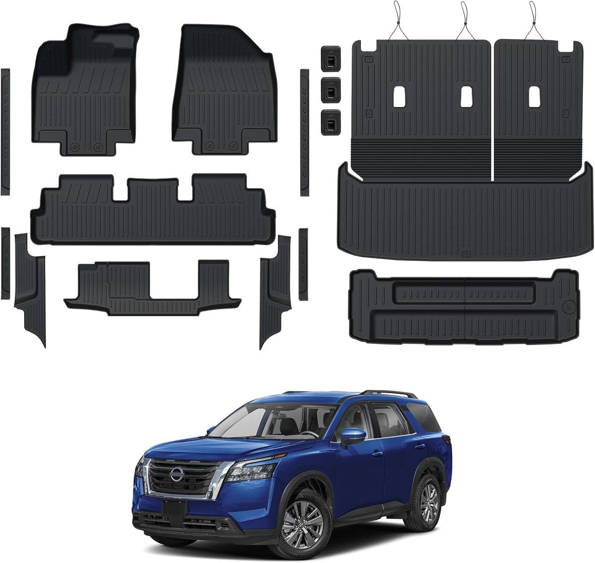 Floor Mats Set for 2022-2025 Nissan Pathfinder 7/8 Seats Accessories, Full Coverage All Weather Floor Mats Cargo Mat with Backrest Protectors - Includes Trunk Lower Mat & Door Sill Guards