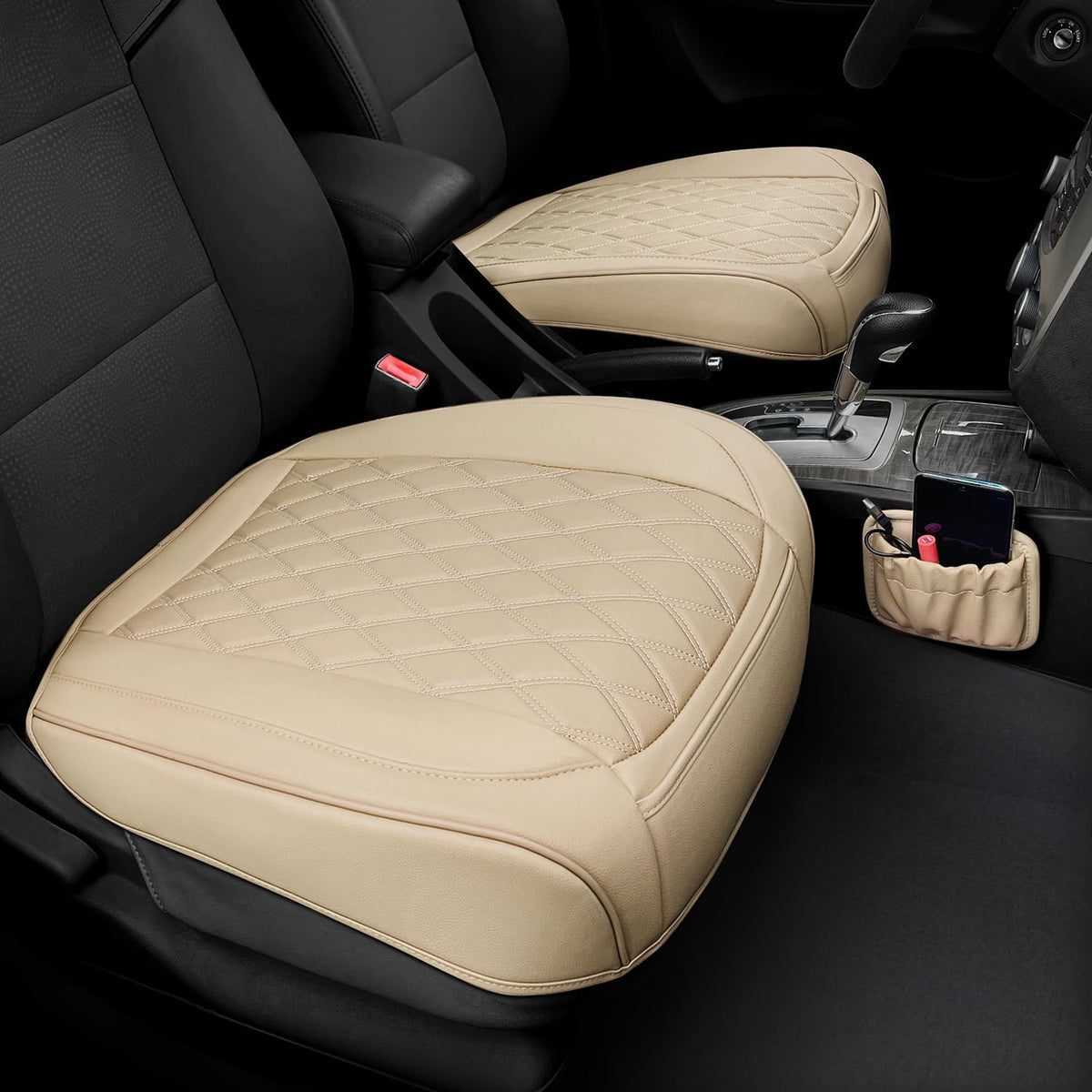 2 Pack Leather Front Car Seat Cover Bottom Car Seat, Anti-Slip and Full Wrap Driver Car Seat Protectors with Storage Pocket, Luxury Waterproof Bottom Auto Seat Cushion Pad Mat for Most Vehicles(Beige)