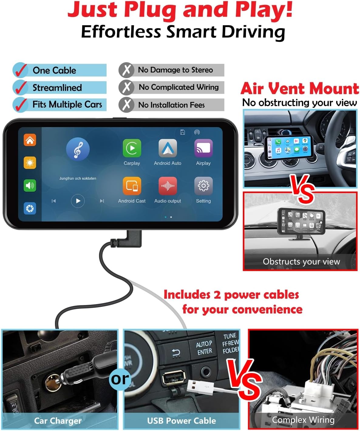 NikoMaku Wireless Carplay Screen, Portable Android Auto Car Stereo with Easy Setup Magnetic Mount, Compact Carplay Screen for Vehicle, Airplay, Mirror Link, Map Navigation, SD-1M (6.25 in)