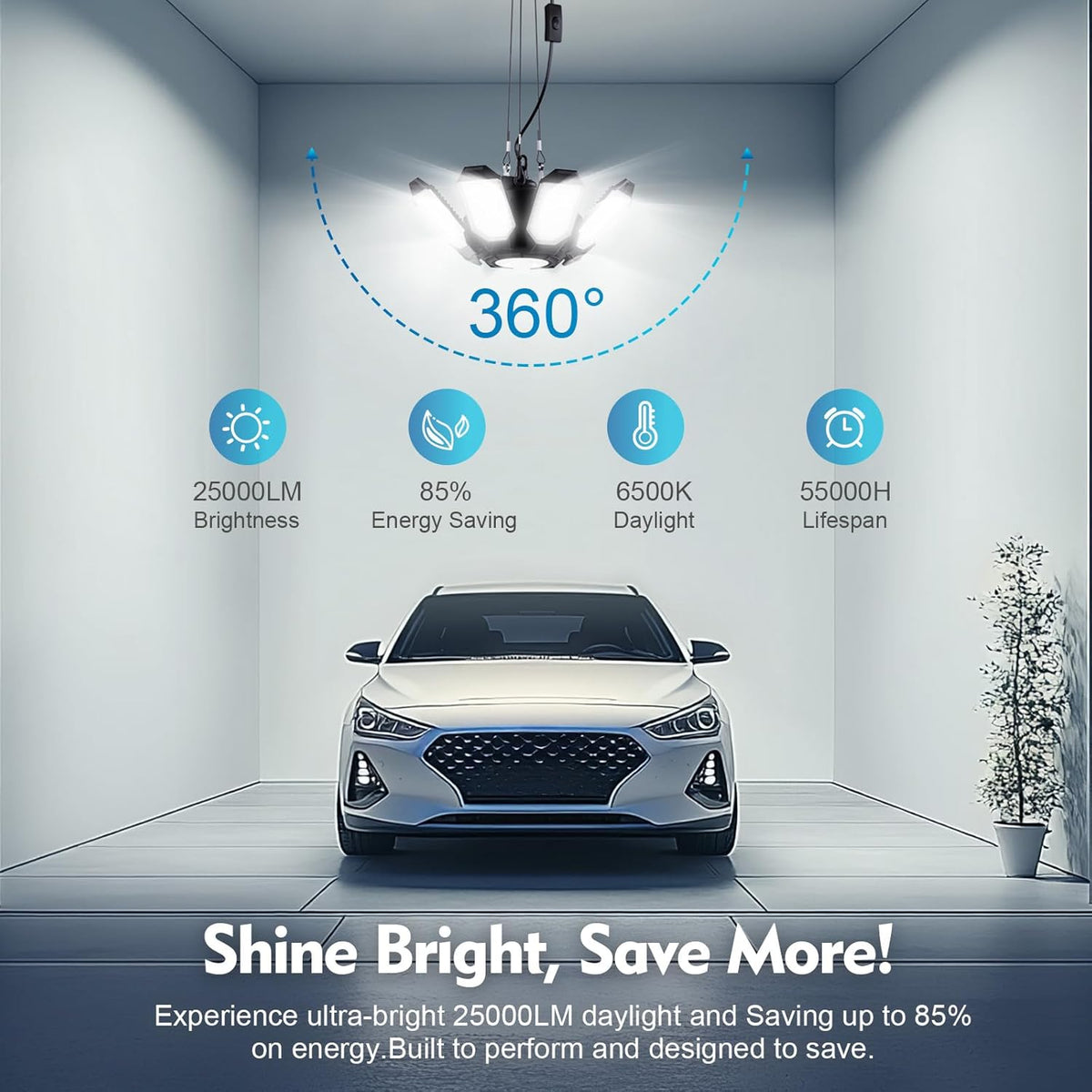 TANBABY 2 Pack Motion Sensor Garage Light, Deformable Garage Lights Ceiling LED Plug in Cord, Plug in Shop Lights with 8+1 Panels Bulb for Basement