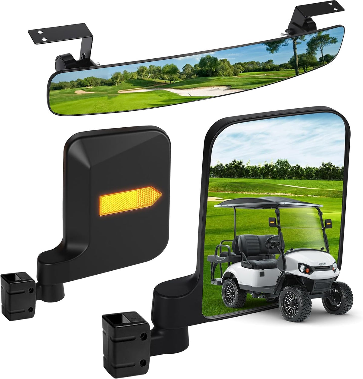 Golf Cart Mirrors Kit for EZGO Club Car Yamaha, No-Drilling Night Safety Reflective Design Golf Cart Side Mirror and Rear View Mirror Kit Universal Foldable and Adjustable Rotatable HD Glass